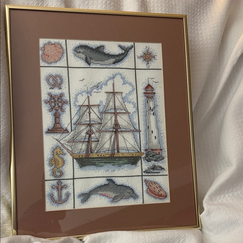 Large Framed Nautical Cross-Stitch Sampler Hand-Stitched Maritime Art 16x13 inch